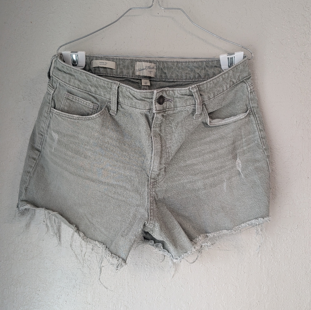 Olive Gray Denim Shorts 14 Frayed Distressed Grunge Relaxed High Waist Festival